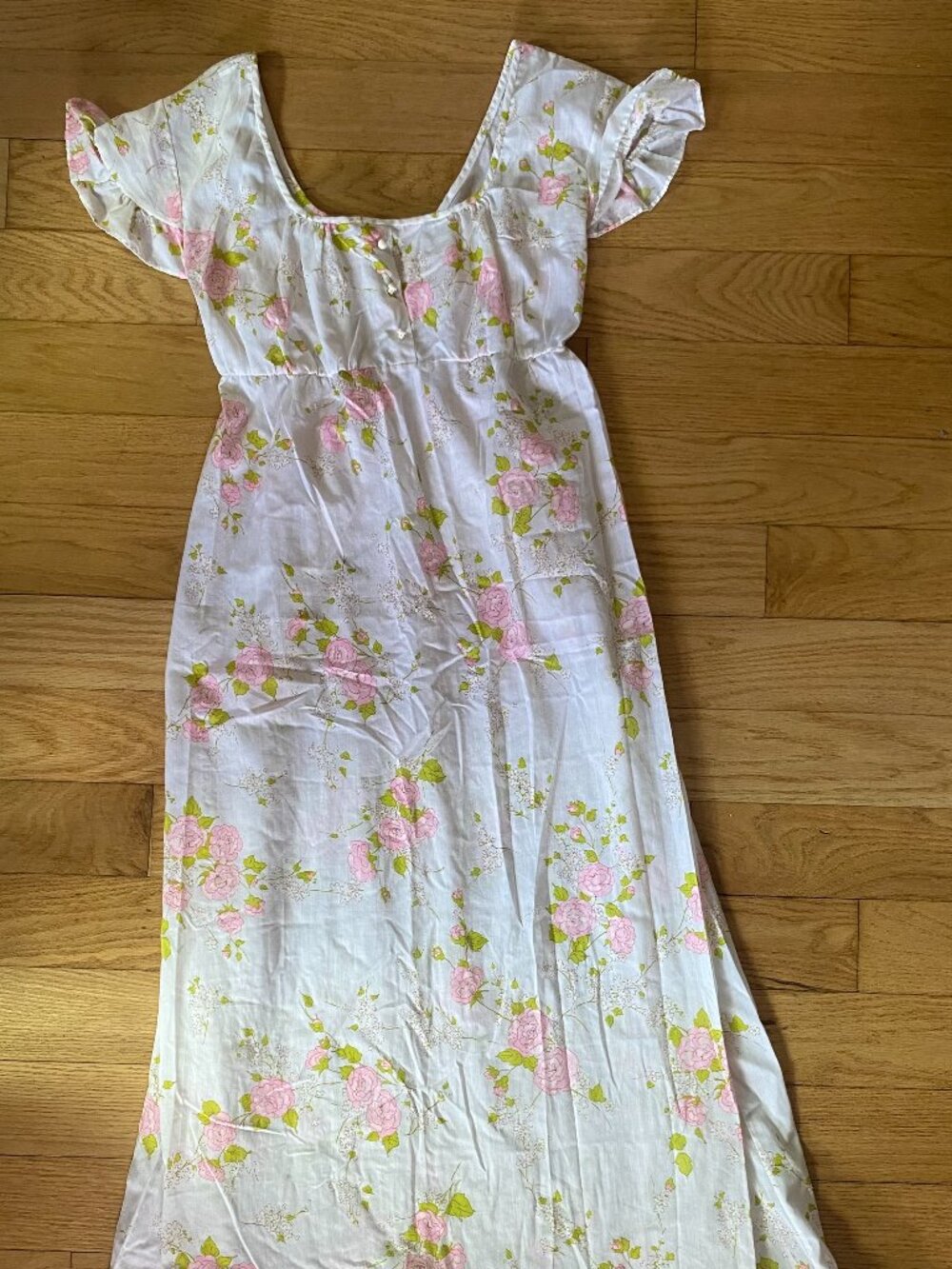 Vintage Floral Nightgown Pink Green White Flutter Sleeve Cottagecore